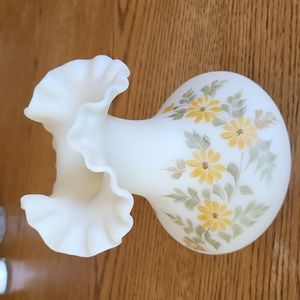 A beautiful vintage Fenton vase, mid century Custard Satin vase with hand painte